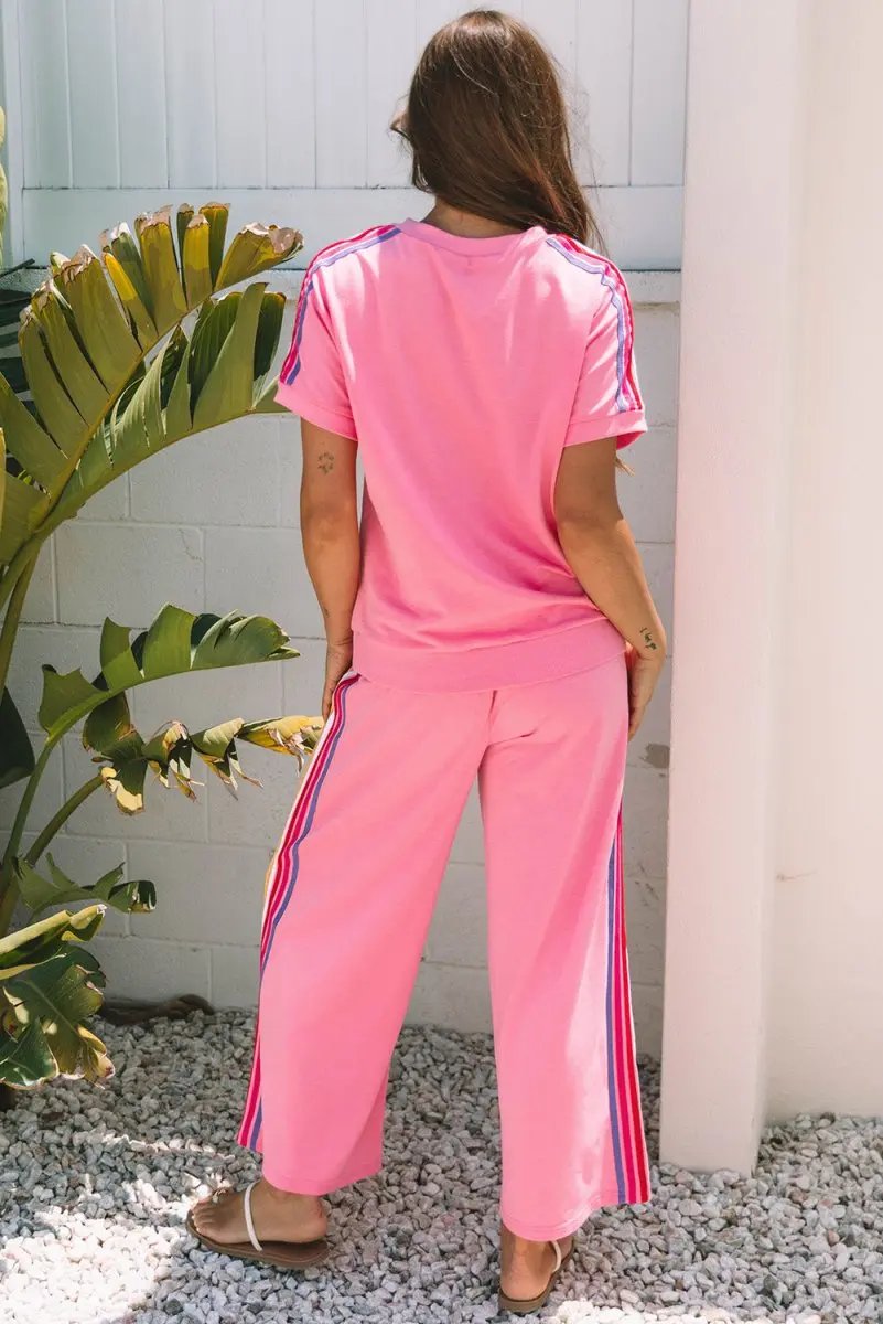 Bonbon Color Contrast Crewneck T Shirt and Wide Leg Pants Set - Love Salve